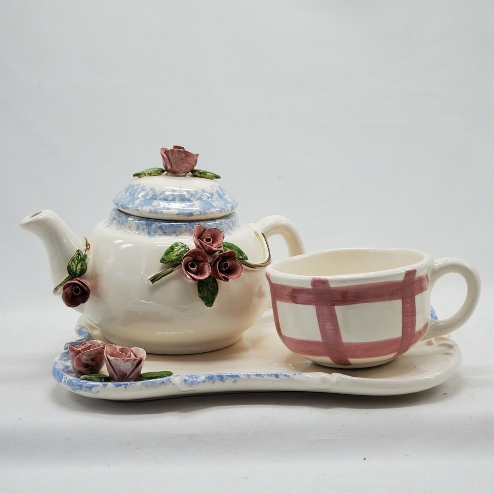 Paper Windows USA Pottery Vintage Teapot Tray‎ and Mug Floral Cover Beautiful